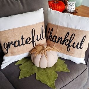 New Burlap pillow wrap pair Grateful & Thankful